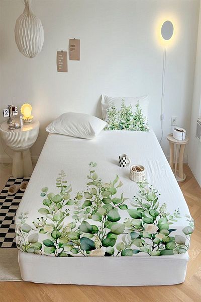 Else Halı Eucalyptus Green Ivy Printed Patterned Elastic Single Pillowed Elastic Sheet Set 90x190