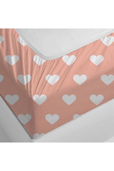 Else Halı Else Pink White Heart Patterned Elastic Double Elastic Pillowed Sheet Set 160x200cm