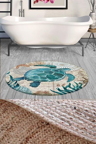 Else Halı Else Decor Turtle Patterned Rope Straw Jute Braid Round Shower Front Bath Mat 120x120cm