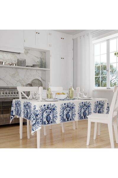 Else Halı Mavi Beyaz Vazo Vintage Desenli Dijital Baskılı Keten Efektli Leke Tutmaz Dertsiz Kumaş Masa Örtüsü
