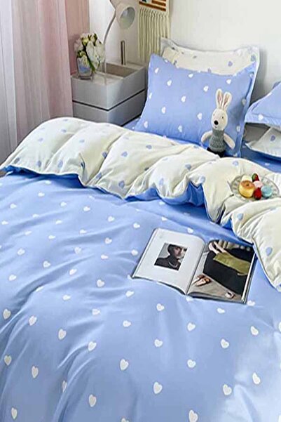 Else Dekor White Blue Heart Double Sided Cotton Satin Single Duvet Cover Set