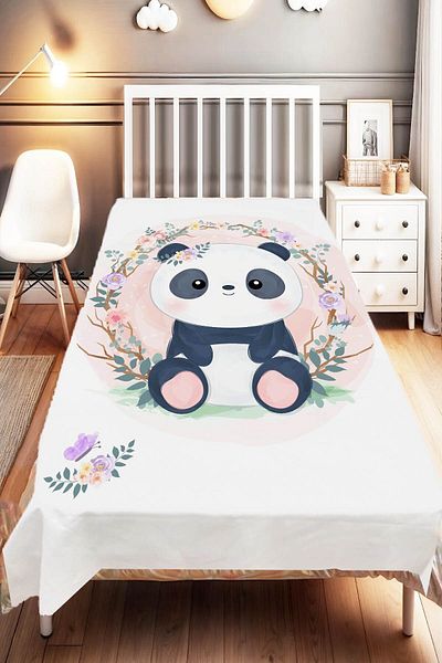 Else Dekor Panda Patterned and Pink Floral Children's and Baby's Bedspread - Decorative