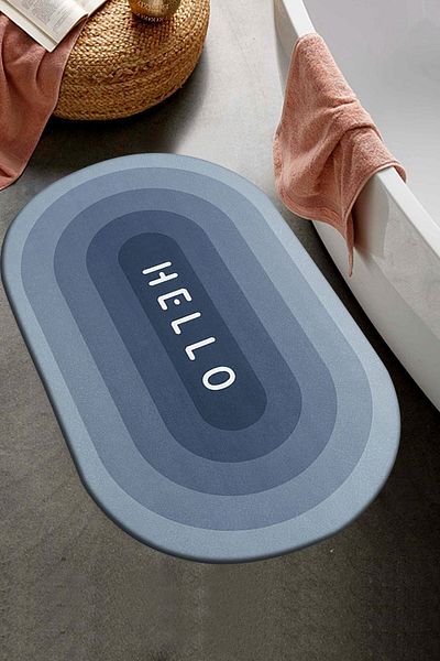 Else Dekor Else Blue White Hello μοτίβο ντους Μπροστινό χαλάκι μπάνιου Κάθισμα τουαλέτας Μονό τεμάχιο Οβάλ 40x60cm