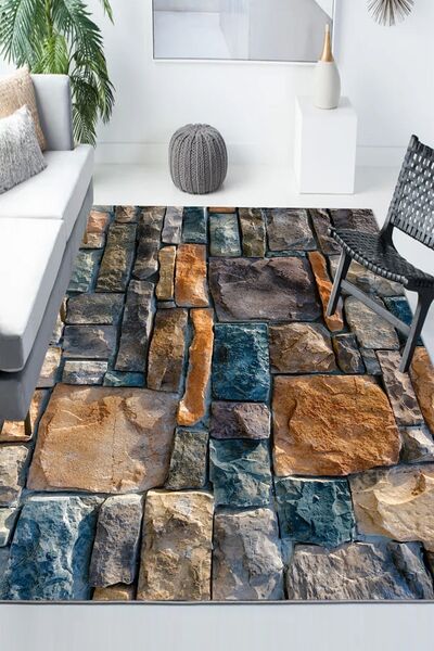 Else Halı Mavi Kahve Taş Duvar Desenli Modern Kaymaz Yıkanabilir Mutfak Salon...