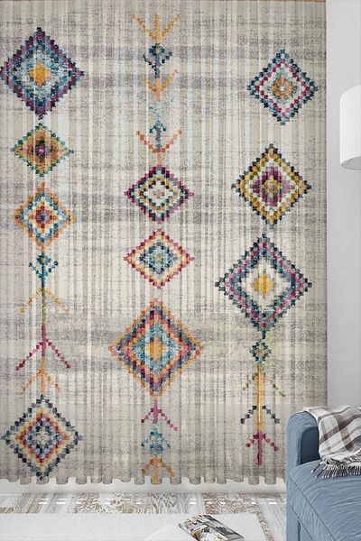 Else Dekor Bohemian Kilim Patterned Decorative Modern 3D Tulle Backdrop Curtain