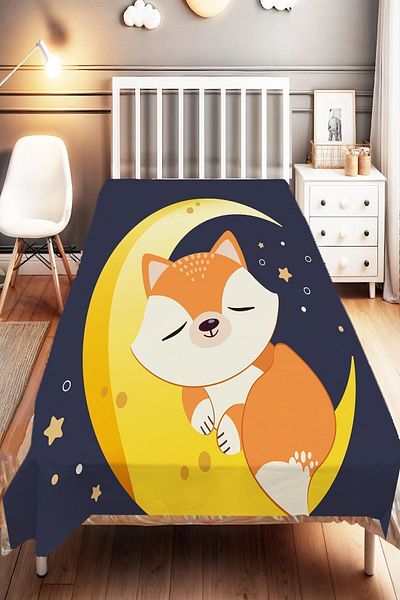 Else Dekor Moon Grandpa Patterned Children's and Baby's Bedspread with Fox - Decorative