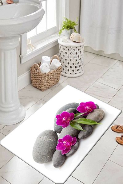 Else Halı Purple Floral Spa Taşlo Patterned Printed Washable Non-Slip Base Single Bathroom Rug Mat
