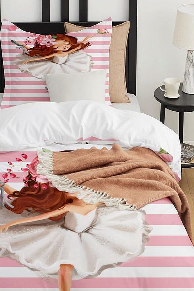 Else Dekor Pink and White Ballerina Patterned Single Children's Duvet Cover Set Without Sheets