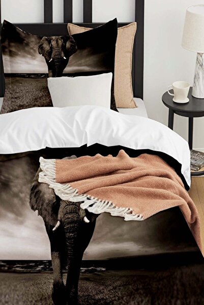 Else Dekor Сірий бавовняний сатиновий дитячий постільний комплект - з малюнком слонів і принтом