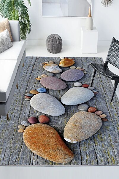 Else Halı Gri Ayak Taşlı Desenli Modern Kaymaz Yıkanabilir Mutfak Salon Halısı