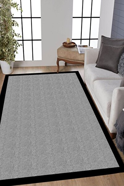 Else Halı Else Siyah Beyaz Çizgili Yıkanabilir Kaymaz Taban Salon Halısı Mutf...