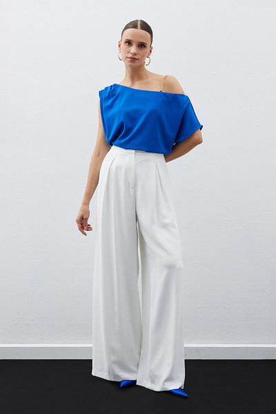 Sateen Off-Shoulder Loose Blouse - Sax Blue