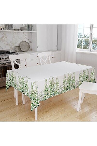 Else Halı Yeşil Okaliptus Desenli Dijital Baskılı Keten Efektli Leke Tutmaz Dertsiz Kumaş Masa Örtüsü