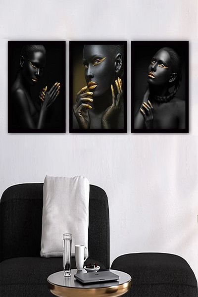 Else Dekor Else Black Girl Patterned Frame Look Υφασμάτινη επιφάνεια 3 τεμαχίων Σετ ζωγραφικής