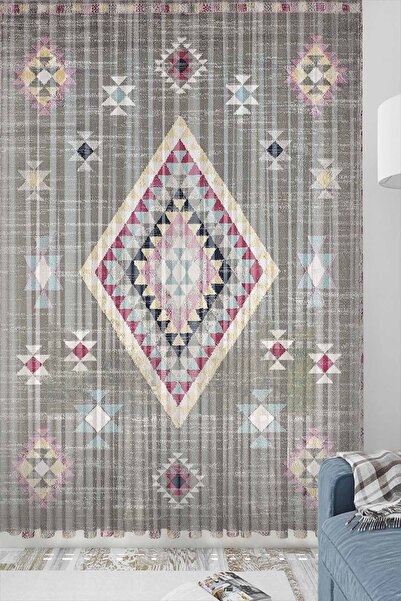 Else Halı Gri Pembe Iskandinav Desenli Dekoratif Modern 3d Tül Fon Perde