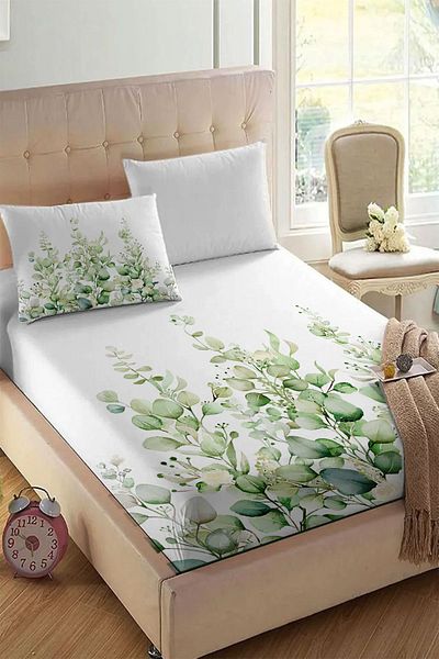 Else Halı Eucalyptus Green Ivy Printed Patterned Elastic Single Pillowed Elastic Sheet Set 90x190