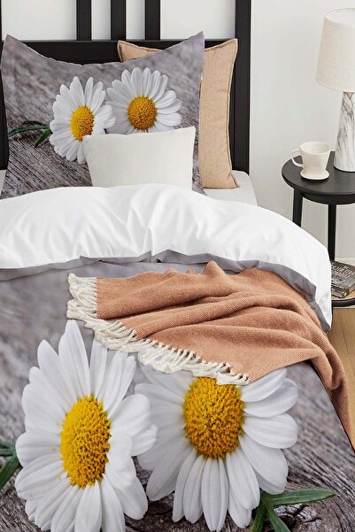Else Dekor Жовтий сірий візерунок ромашки - бавовняний сатиновий дитячий комплект постільної білизни, односпальний
