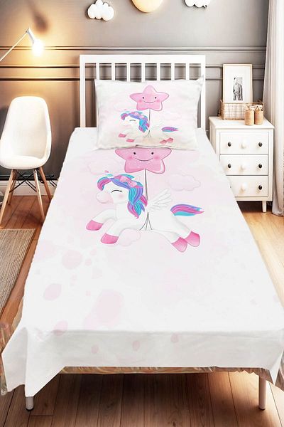 Else Dekor Flying Star Cute Unicorn Patterned Children's and Baby's Room Decorative Bedspread