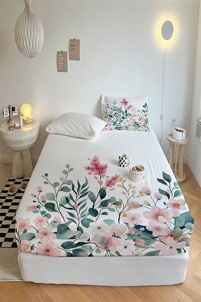 Else Halı Colorful Floral Printed Patterned Elastic Single Pillowed Elastic Sheet Set 90x190cm