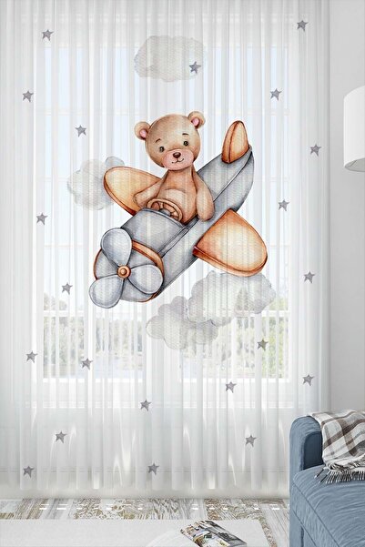 Else Halı Else Sevimli Ayıcık Uçak Pilot Desenli Dekoratif Çocuk Bebek Tül Fo...