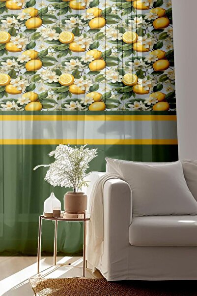 Else Dekor Green Lemon Patterned Printed Decorative Tulle Curtain - Living Room Kitchen 140x260cm