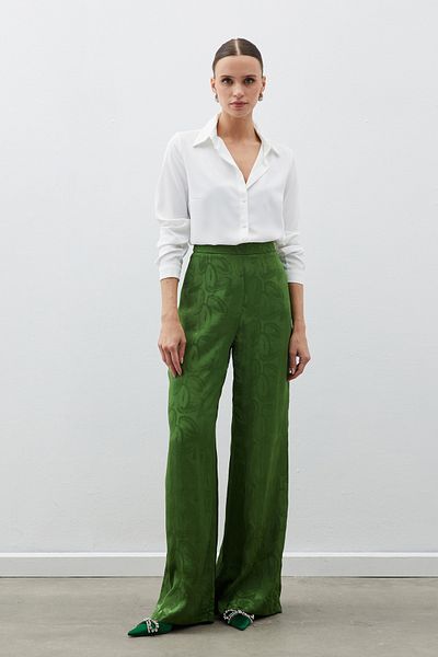 Sateen Jacquard Casual Trousers - Green
