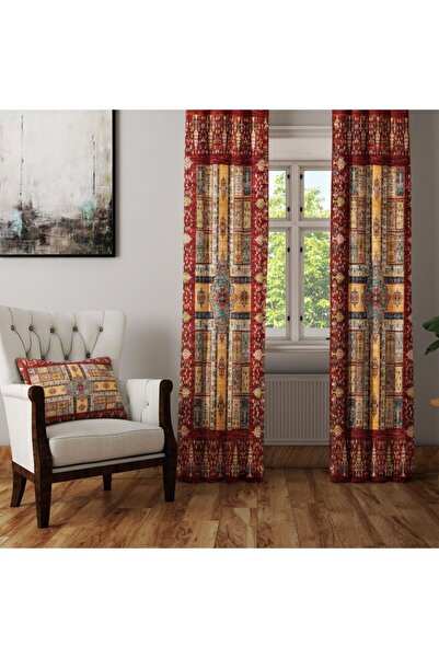 Else Halı Kırmızı Sarı Gri Retro Şark Otantik Anadolu Osmanlı Desenli Fon Perde