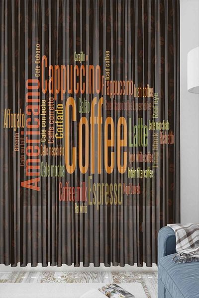 Else Dekor White Brown Text Patterned Decorative Modern Kitchen Tulle Background Curtain