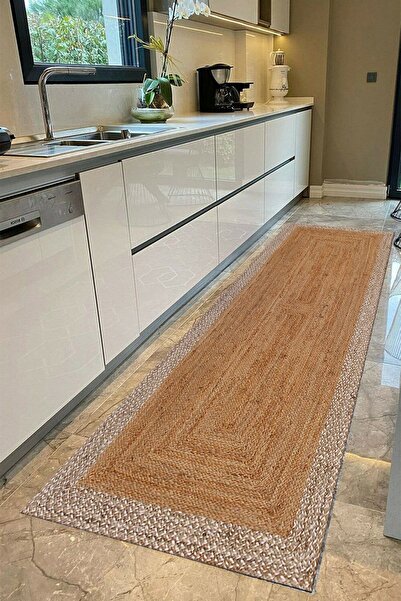 Else Halı Else Kahve Hasır Görünümlü Dijital Baskı Yıkanabilir Kaymaz Taban M...