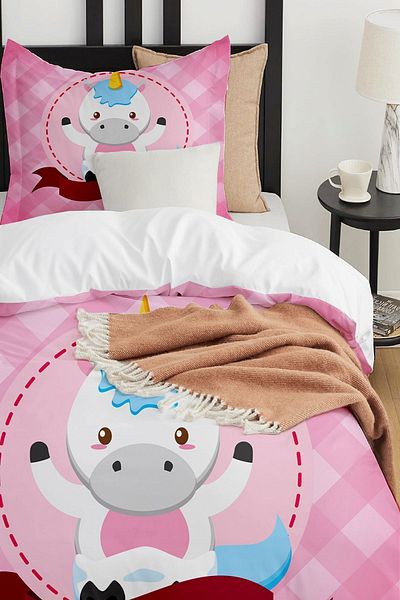 Else Dekor Pink Horse Patterned Single Children's Duvet Cover Set Without Sheets