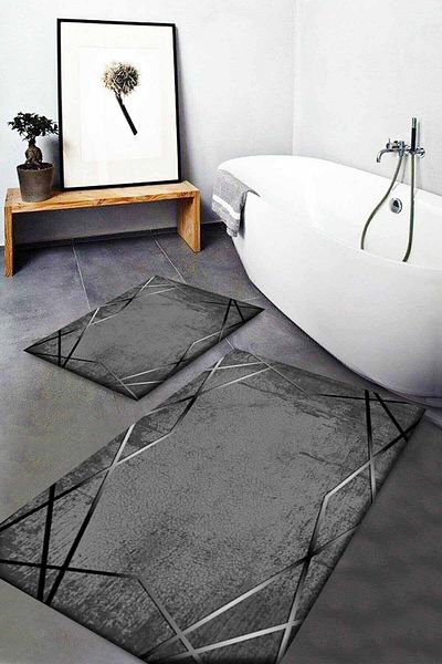 Else Halı Anthracite Striped Patterned Washable Non-Slip Base Bathroom Rug 2 Pieces