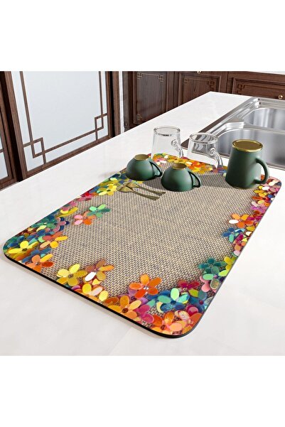 Else Halı Else Renkli Çiçekler Tezgah Üstü Bulasik Kurutma Matı Kaymaz Kurula...