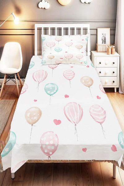 Else Dekor Single Pink Blue Balloon Patterned Children's and Baby's Room Bedspread