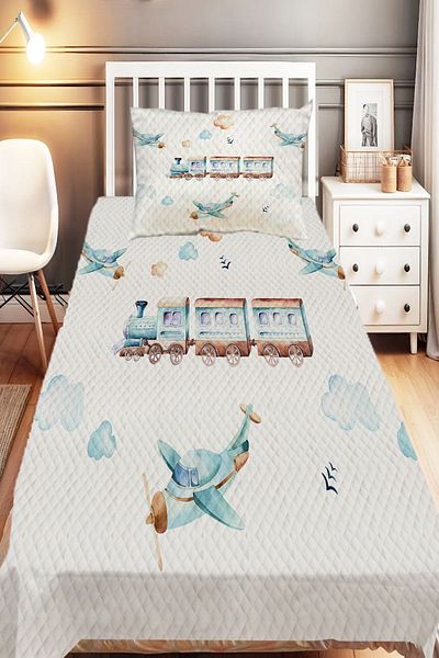 Else Dekor Single Patterned Children's Pique Set with Blue Train