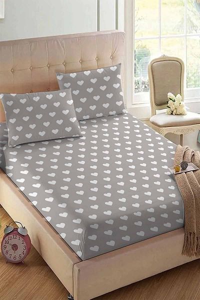 Else Halı Else Gray White Heart Patterned Elastic Double Elastic Pillowed Sheet Set 160x200cm