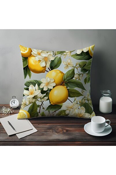 Else Halı Yeşil Yapraklı Limonlu Desenli Dijital Baskılı Dekoratif Çift Taraflı Kırlent Kılıfı 43x43cm
