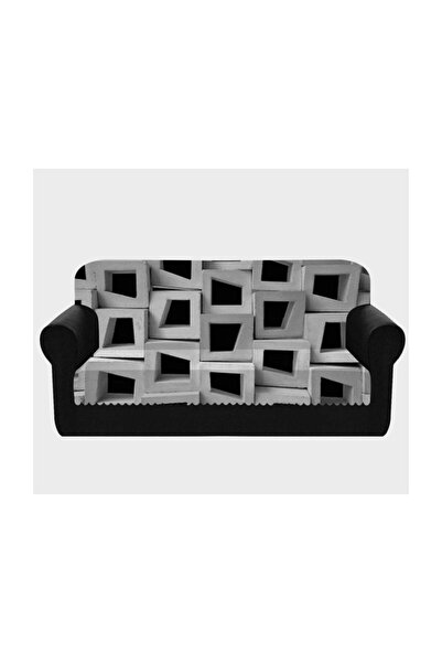 Else Halı Gri Siyah Kutular Desenli Kanepe Çekyat Koltuk Örtüsü Şalı 175x225cm