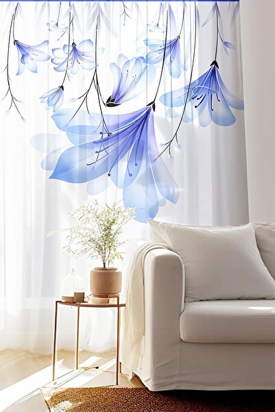 Else Dekor Blue Flowers Pattern Printed Decorative Living Room Kitchen Tulle Curtain 140x260cm