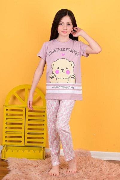 vitmo Kız Çocuk Kısa Kollu Pijama Takımı Together Forever Lila