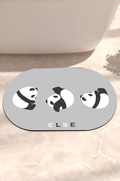 Else Dekor Γκρι Λευκό Panda με μοτίβο ντους που απορροφά νερό Μπροστινό χαλάκι μπάνιου Κάθισμα τουαλέτας One Piece Oval
