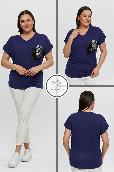 tarzımsüper Plus Size New Season Comfortable Comfort Model Pocket Detailed Short Sleeve V-Neck Combed Cotton Tunic T-Shirt