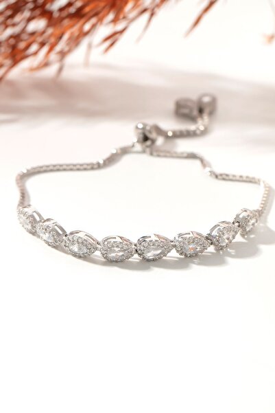 Else Silver Pırlanta Tasarımı Damla Taşlı Asansörlü Gümüş Bileklik