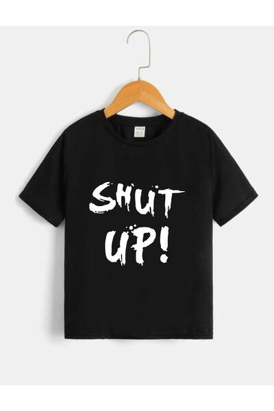 NoVibe Детска унисекс тениска с голям размер, черна, с надпис „Shut Up“