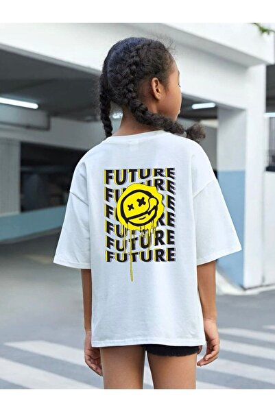 NoVibe Tricou oversized unisex Future din bumbac cu guler rotund pentru copii
