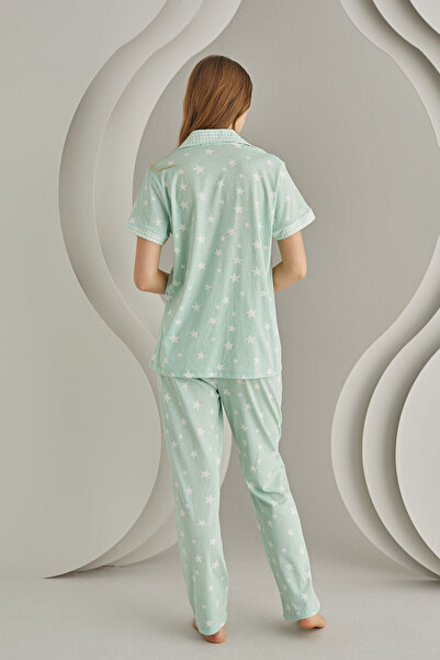 NBB Women's Shirt Collar Short Sleeve Green Plaid Front Buttoned Pajama Set 100% Cotton