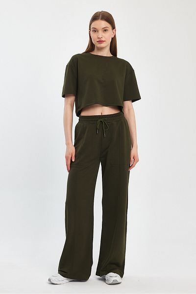 Penyelux Khaki Fabric - Baggy Palazzo Trousers with Pockets and Elastic Waist