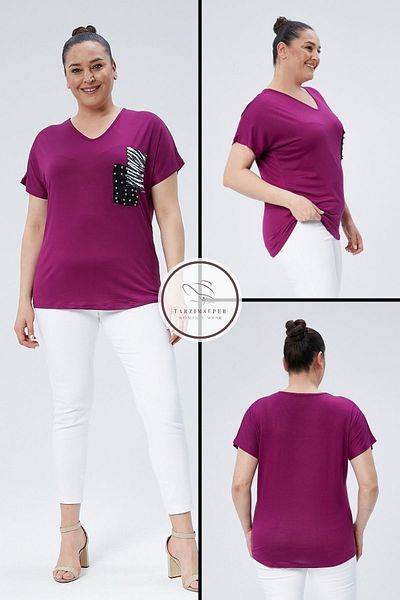 tarzımsüper Plus Size New Season Comfortable Comfort Model Pocket Detailed Short Sleeve V-Neck Combed Cotton Tunic T-Shirt