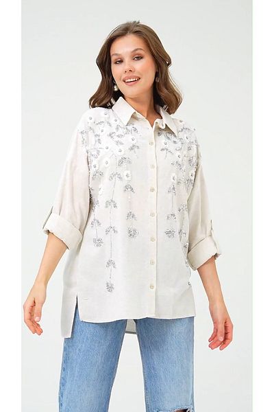 MVStore Linen Oversize Shirt - Floral Pattern Embroidered
