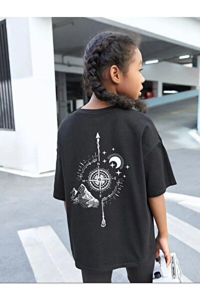 NoVibe تي شيرت مطبوع عليه بوصلة خلفية للفتيات باللون الأسود