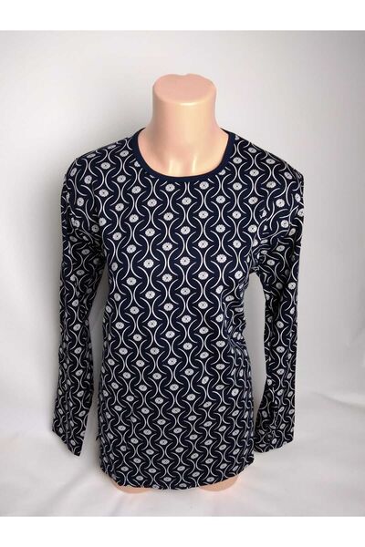YAŞAR TRİKO Kadın Lacivert Desenli Bisiklet Yaka Uzun Kollu Yanları Yırtmaçlı...